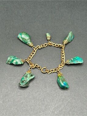 VTG Azurite Malachite Antiqued Gold Chain Brass Charm Bracelet‎